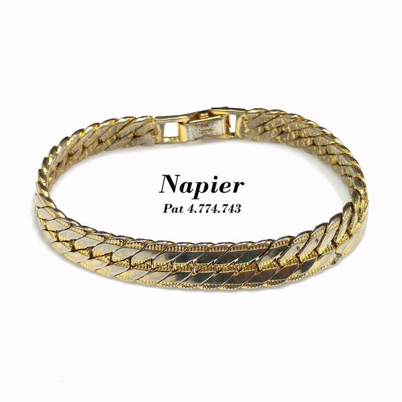 Vintage Napier Bracelet, Gold Plated Herringbone Chain, 1980s, 7 1/4" - Picture 1 of 10
